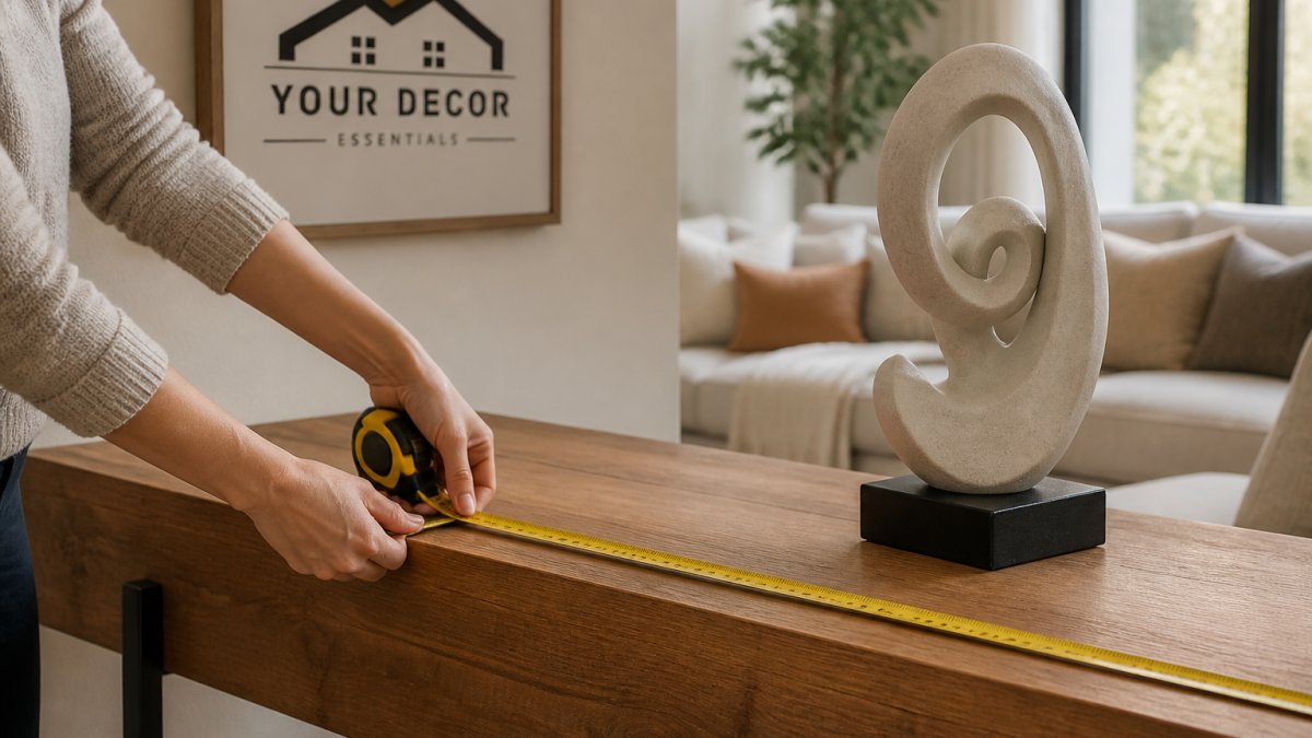 A person's hands holding a tape measure against a wooden console table in a bright living room, with a small abstract sculpture sitting nearby on the tabletop