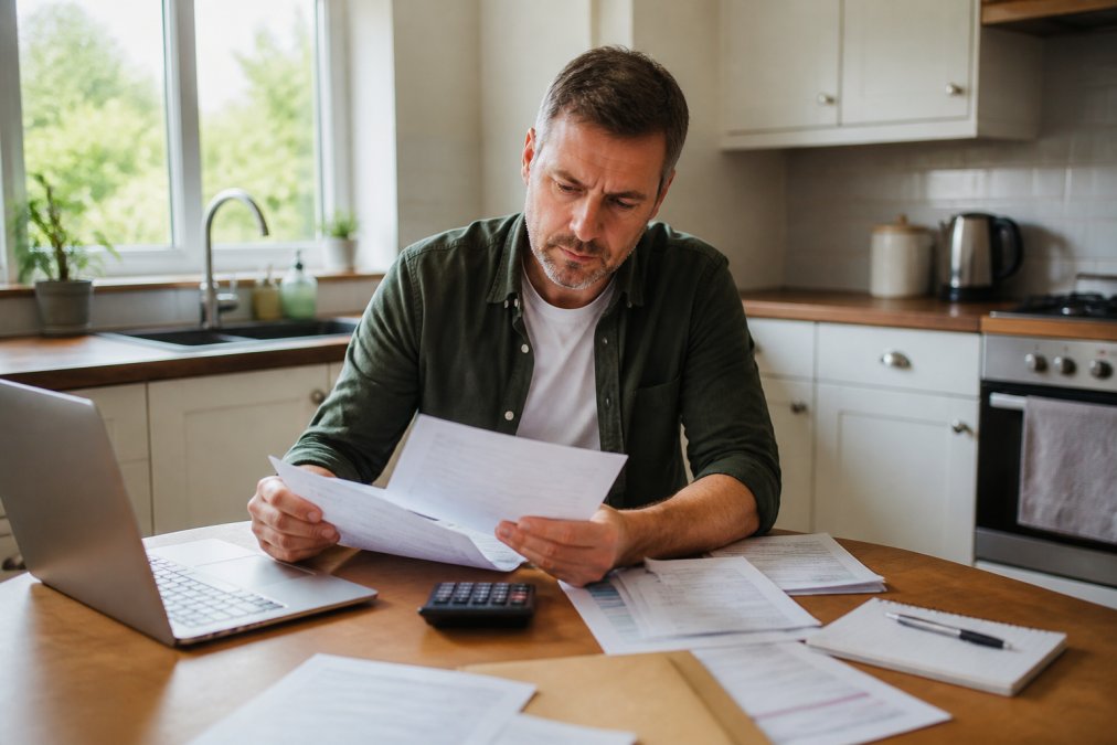 Homeowner reviewing electricity bill at kitchen table with laptop and calculator, natural light streaming from window, papers and energy documents spread across surface