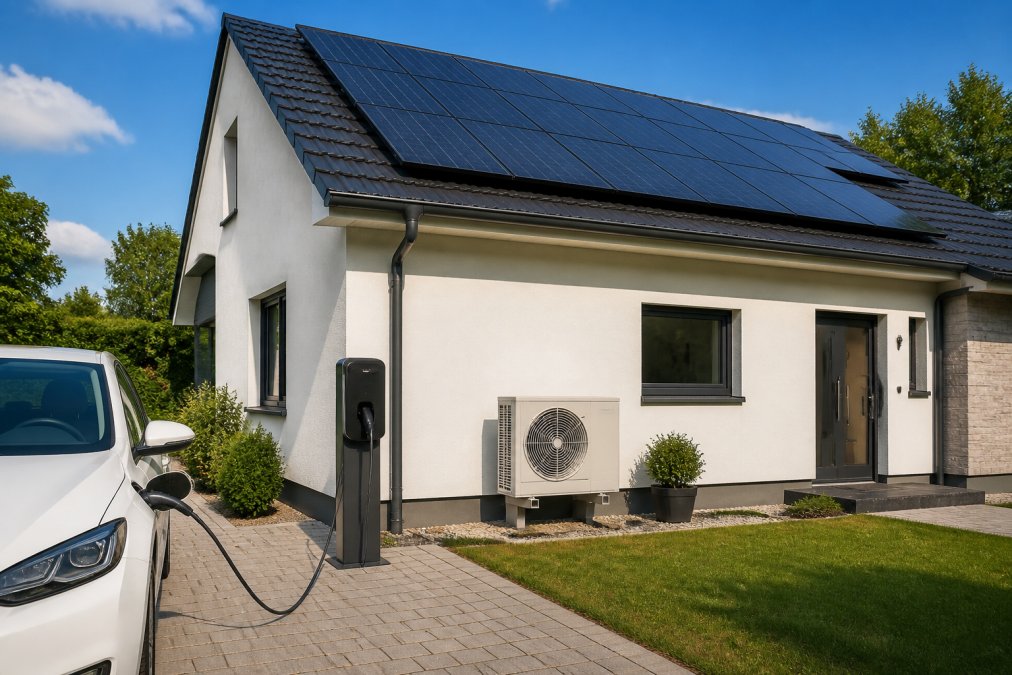 Modern home exterior showing solar panels on roof, EV charging point on driveway, and heat pump unit visible on wall, bright daylight with clear sky