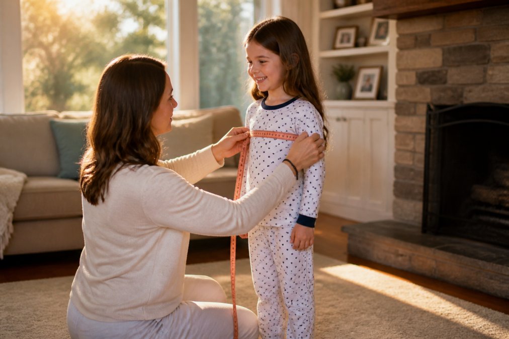 A parent kneeling on a living room rug, gently wrapping a soft fabric measuring tape around their smiling child's chest over a cozy pajama top, warm afternoon sunlight streaming through the window behind them