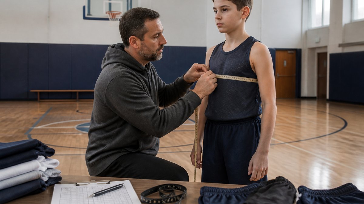 A coach using a soft measuring tape to measure the chest of a youth athlete in a gym, with a clipboard and size chart visible on a nearby table