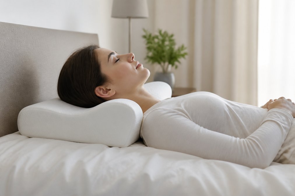 Person lying on their back in bed with a contoured cervical pillow supporting their neck, shown from a side angle in soft morning light