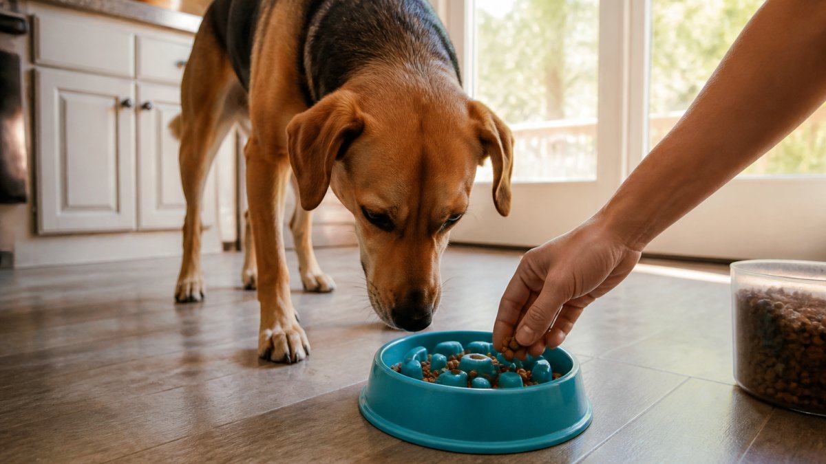 A medium-sized dog eating from a blue slow-feeder bowl on a kitchen floor, with a person's hand placing kibble into the bowl's ridges, bright natural light from a window