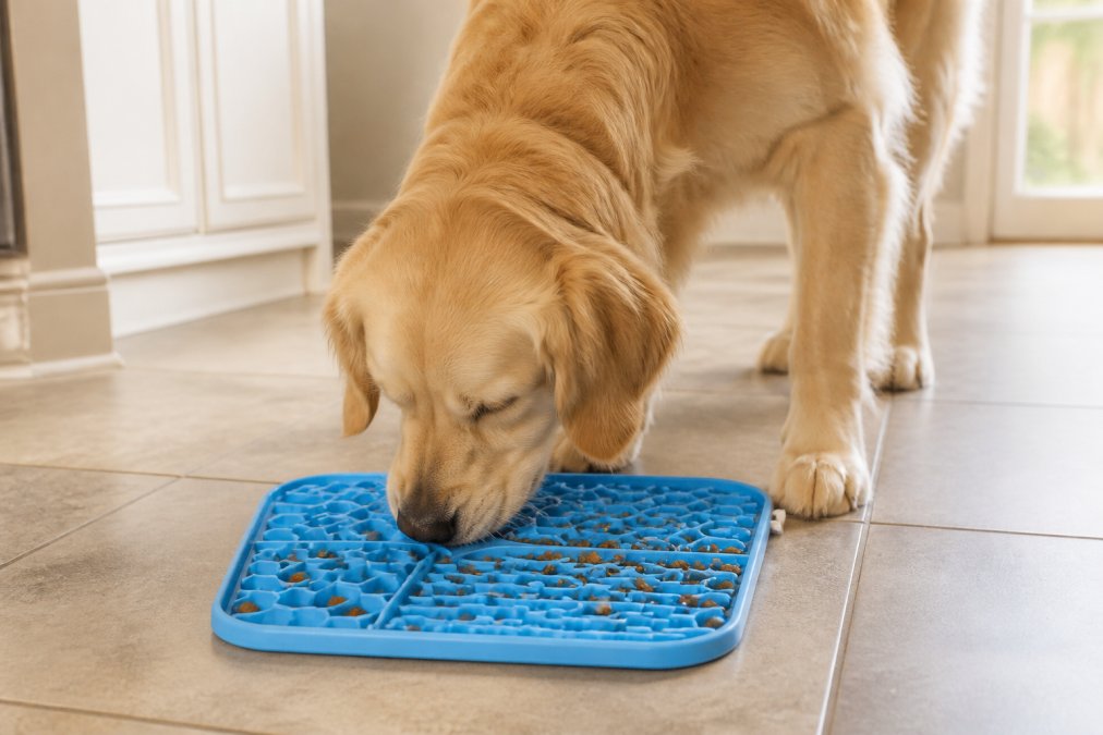 Close-up of a golden retriever pressing its nose into the ridged grooves of a textured slow feeder bowl on a kitchen tile floor, dry kibble visible caught between the raised sections, warm natural light from a nearby window