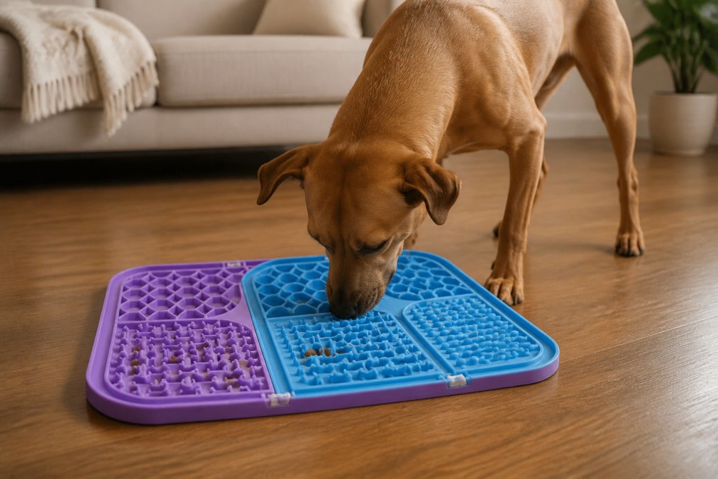 A medium-sized brown dog with its nose buried in a colorful felt snuffle mat on a hardwood floor, small treats hidden among layered fabric petals, soft indoor lighting and a blurred living room background