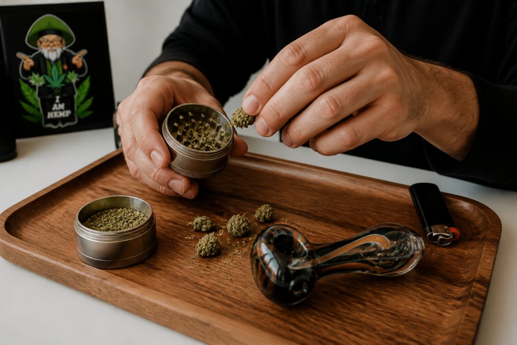 Step-by-step process to grind and prepare to smoke THCA flower using a metal grinder and glass pipe.
