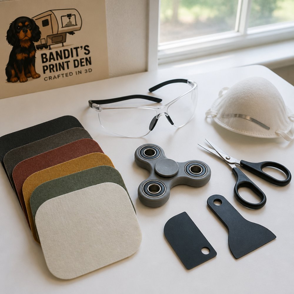 Flat-lay arrangement of tools and materials for smoothing 3D prints: sandpaper pads in various grits ranging from coarse to fine, hand tools including small scissors and plastic scrapers, safety glasses resting on printed PLA fidget pieces, dust mask, and a 3D printed fidget spinner on a clean white work surface with natural daylight