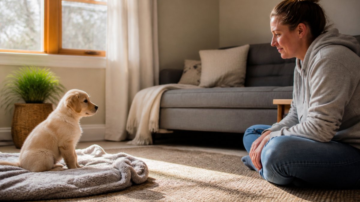 A shy puppy sits calmly on a blanket, learning how to socialize a shy puppy by observing a person nearby.