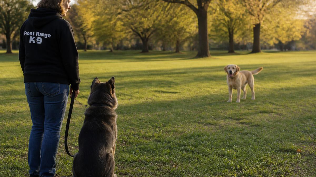 A calm older rescue dog on a loose leash watching a friendly dog from a comfortable distance in a quiet park, owner relaxed and attentive, soft late-afternoon light