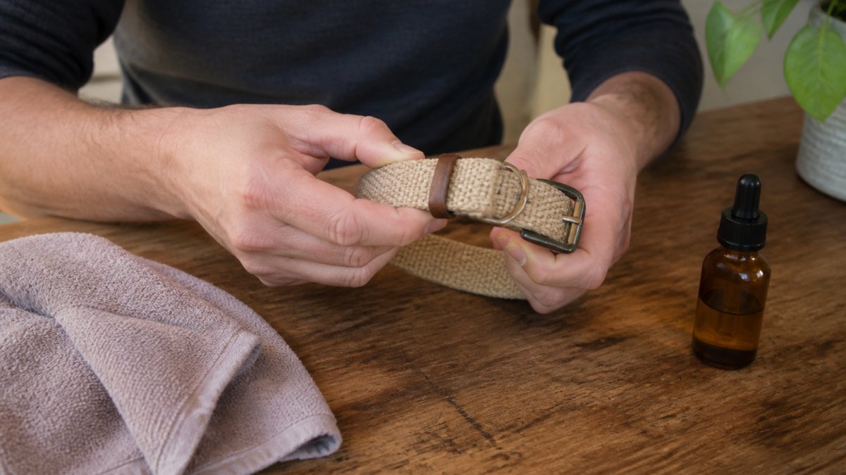 Close-up of a person's hands gently flexing and rubbing a natural hemp dog collar on a wooden table, with a damp cloth and small bottle of oil nearby, warm natural light