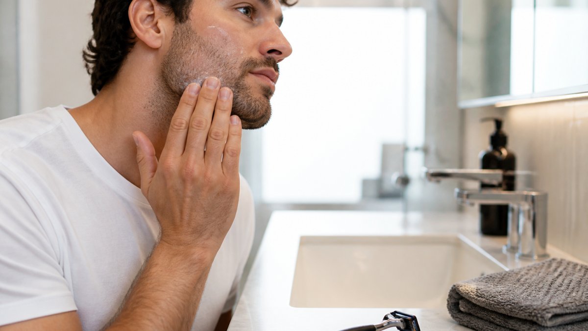 Man applying non-foaming shave lotion to his jawline near a razor and towel in a bright bathroom