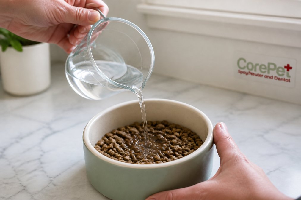 Close-up of hands pouring warm water over dry kibble in a ceramic bowl, showing kibble beginning to soften and absorb moisture in natural kitchen lighting