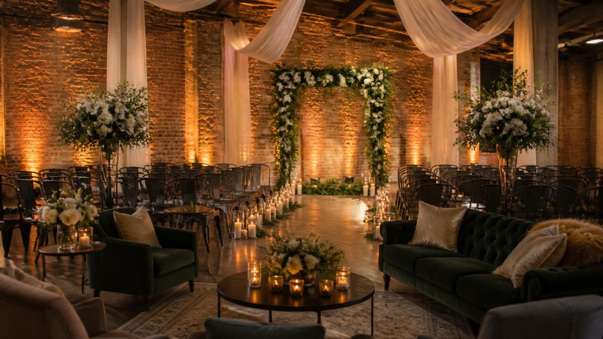 Industrial loft wedding ceremony with dramatic uplighting on exposed brick, flowing white draping from ceiling, abundant greenery and white florals framing ceremony arch, warm candlelight, elegant lounge seating with velvet furniture in foreground