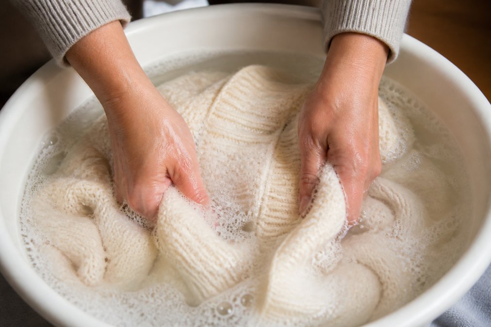 Close-up of hands gently soaking a cream-colored alpaca sweater in a basin of cool water with visible soap suds, showing proper hand-washing technique