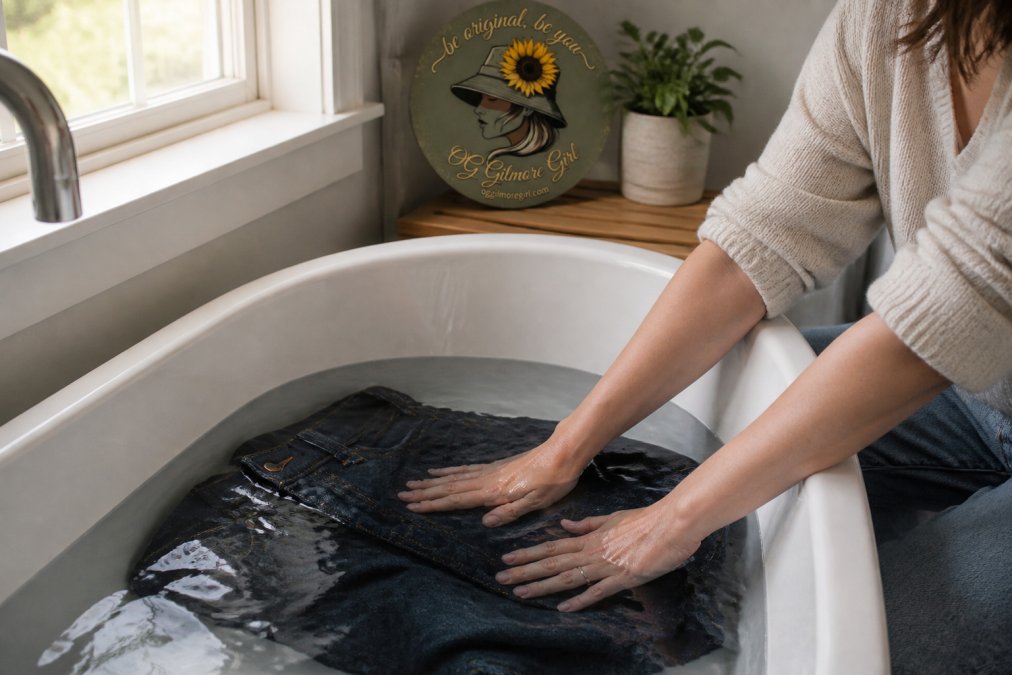 A person gently soaking stiff raw denim jeans in a bathtub of lukewarm water to soften the fabric.
