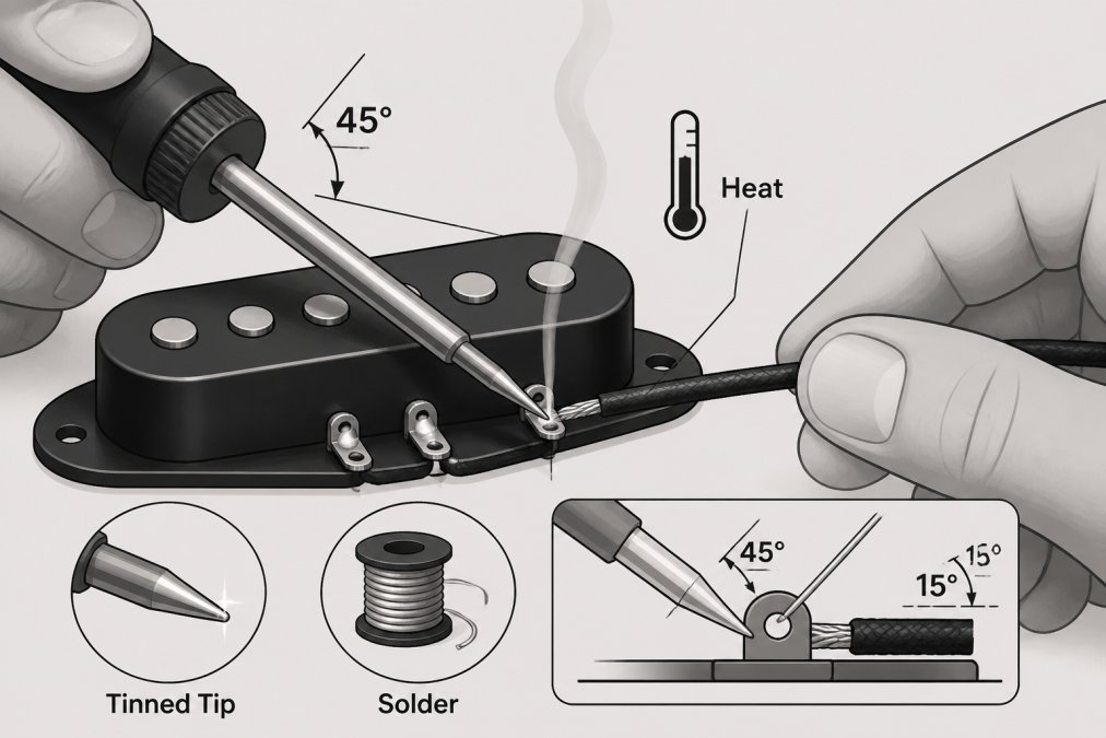 Close-up of hands holding a soldering iron with a shiny, well-tinned tip approaching a guitar pickup lead, showing proper angle and heat positioning on a lug terminal with solder nearby