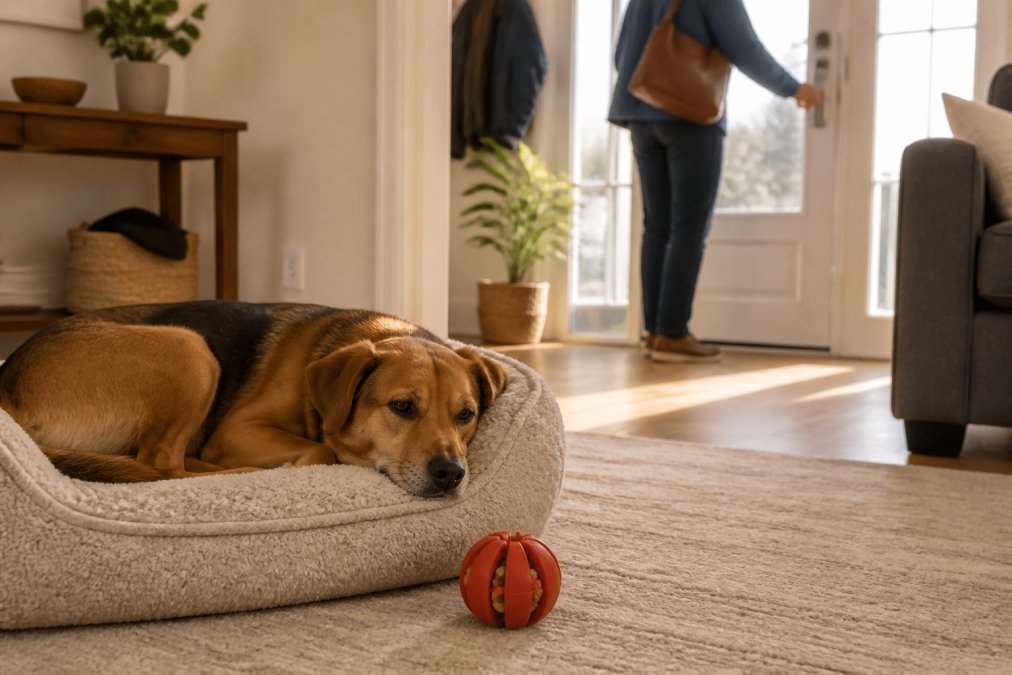 A dog resting comfortably on a cozy bed in a sunny living room while a person prepares to leave for work, with a filled puzzle toy visible nearby