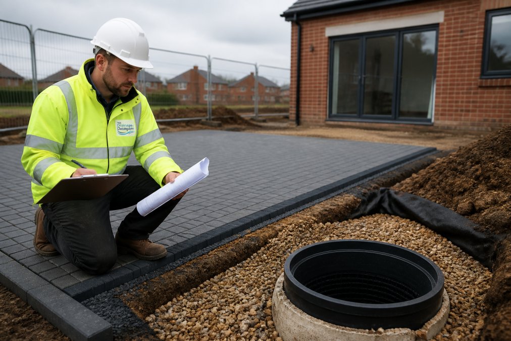 A drainage engineer in high-visibility clothing inspecting a permeable paving installation and soakaway on a residential building site, with plans and a clipboard in hand, overcast daylight