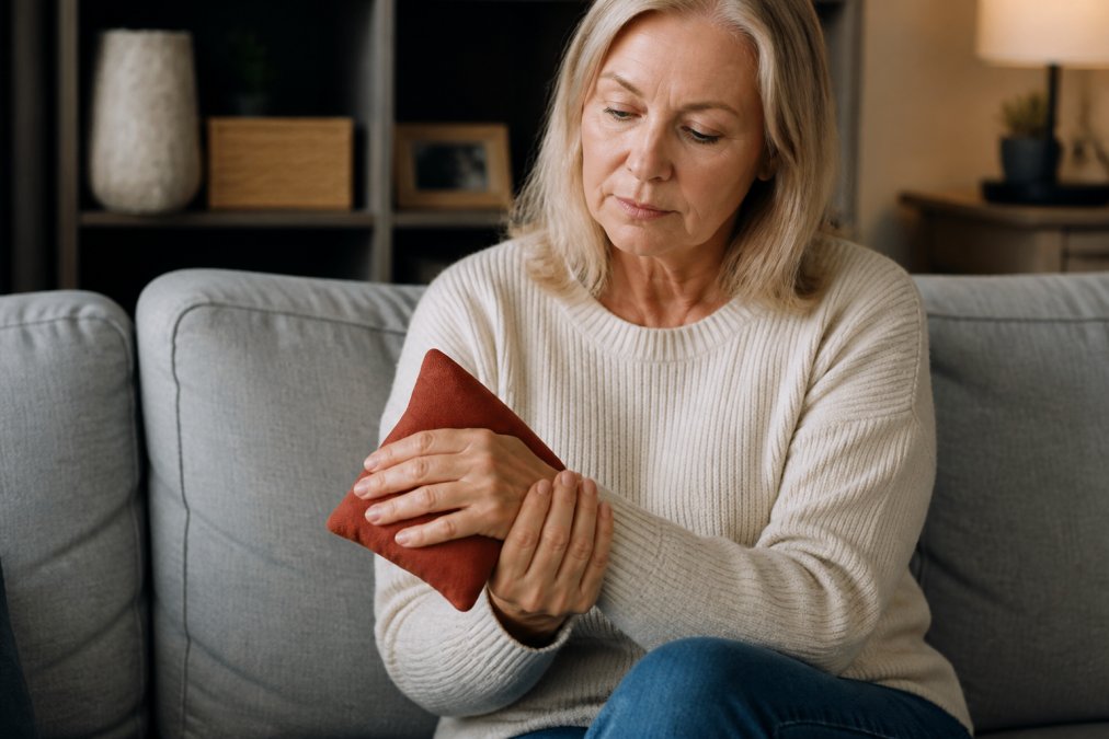 Person applying a warm compress to their hand, demonstrating proper heat therapy application for joint pain relief, with soft natural lighting in a home setting
