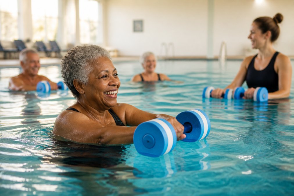 Older adult performing gentle water aerobics in a bright, warm swimming pool, demonstrating low-impact exercise for joint health with instructor visible in background