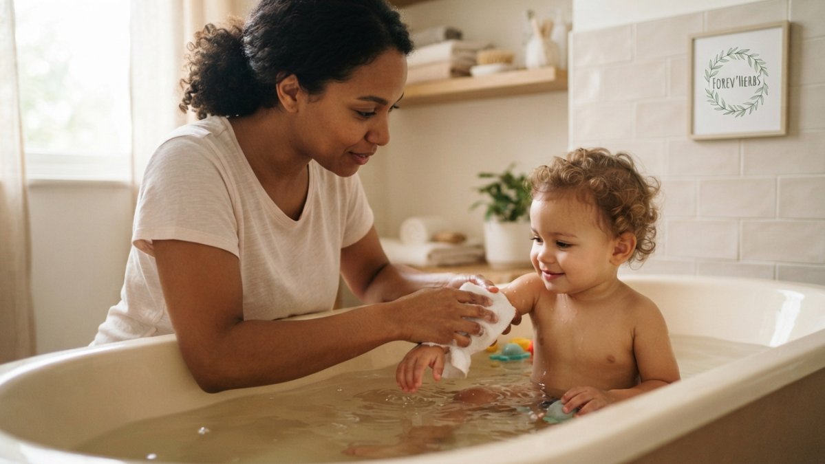 Step-by-step infographic illustrating gentle bathing techniques to soothe sensitive skin in young children