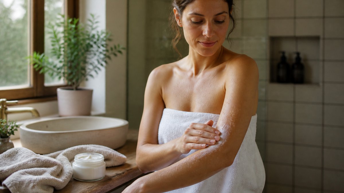 Person applying moisturizer to their damp forearm to soothe chronic dry skin in a softly lit bathroom.