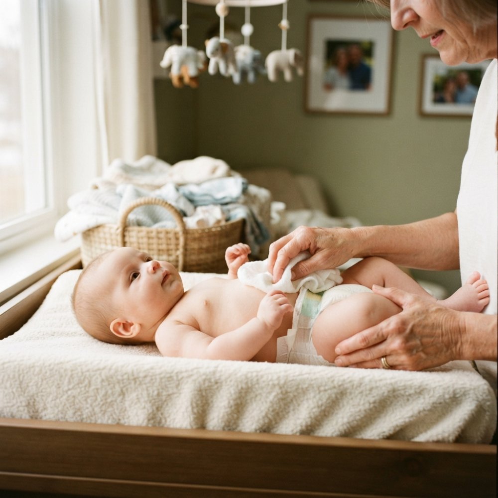 Close-up of a parent's hands gently dabbing a soft washcloth of warm water along a baby's clean diaper area on a changing pad, soft window light, calm nursery setting