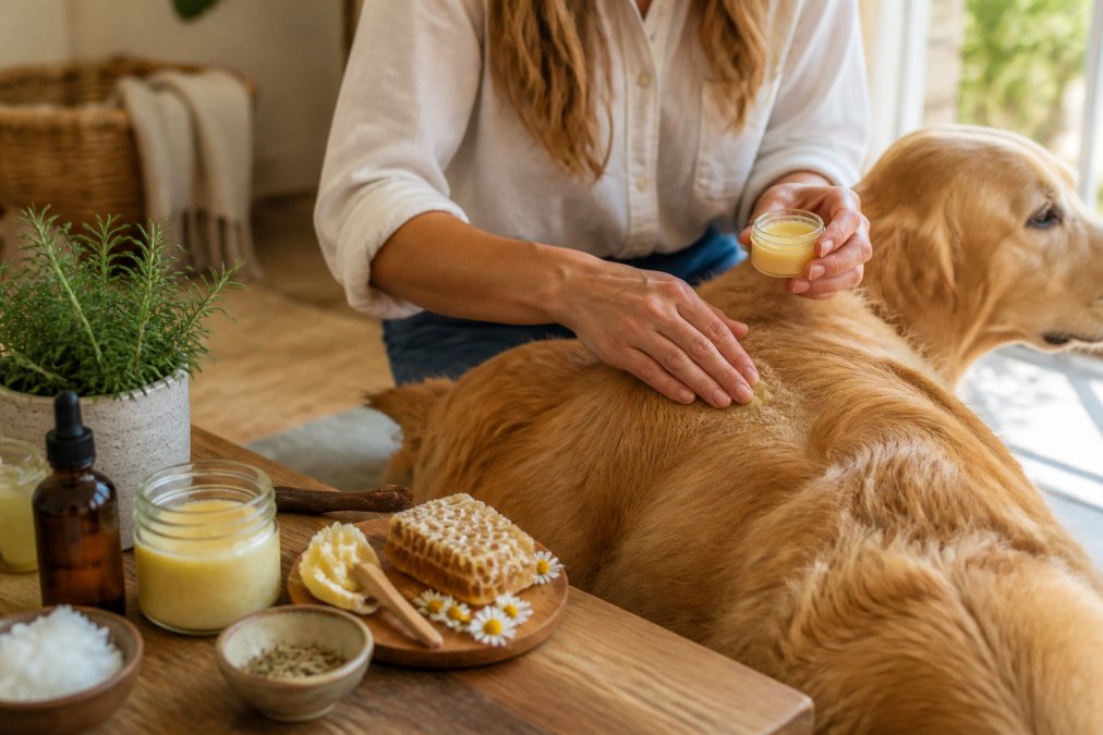 Person applying a natural soothing salve to a dog’s dry skin on its back in a sunlit home
