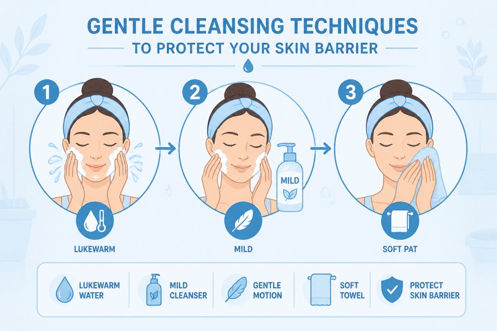 Close-up of hands gently washing face with lukewarm water and mild cleanser, showing soft patting motions with a soft towel in natural bathroom lighting