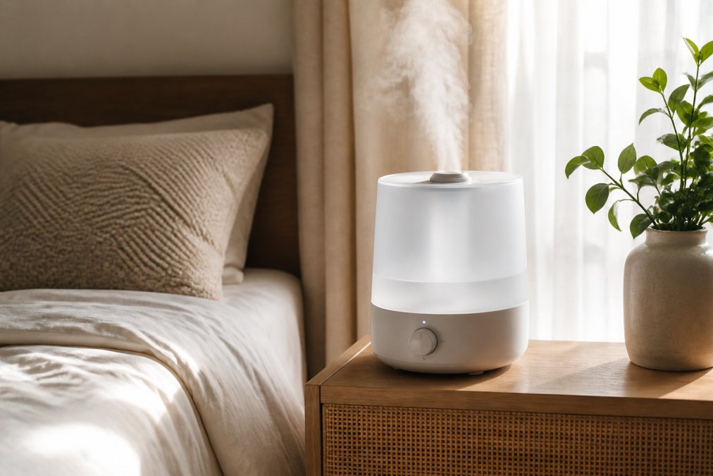 A modern ultrasonic humidifier releasing a gentle mist on a bedside table in a cozy bedroom with soft morning light streaming through curtains