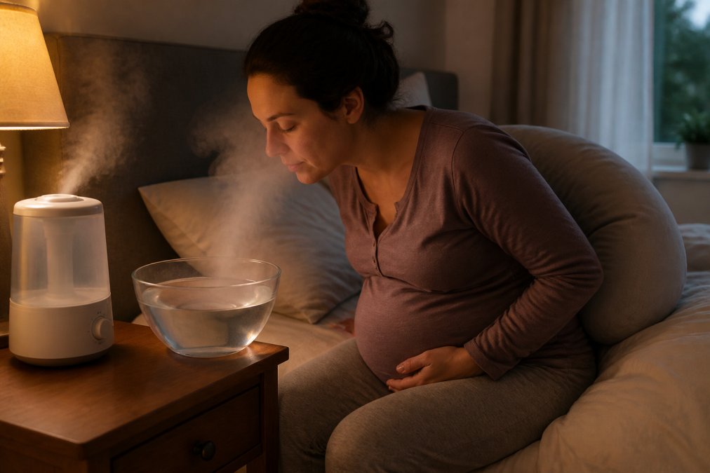 A pregnant woman sitting comfortably in a dimly lit bedroom, breathing in steam from a bowl of warm water on a nightstand, with a humidifier running in the background