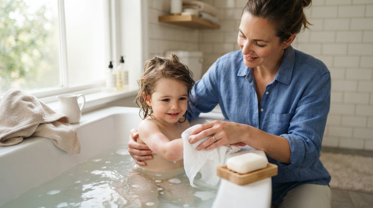 Parent gently bathing a young child in a bathtub filled with lukewarm water, using a soft washcloth and a fragrance-free soap bar, with natural window lighting illuminating the bathroom