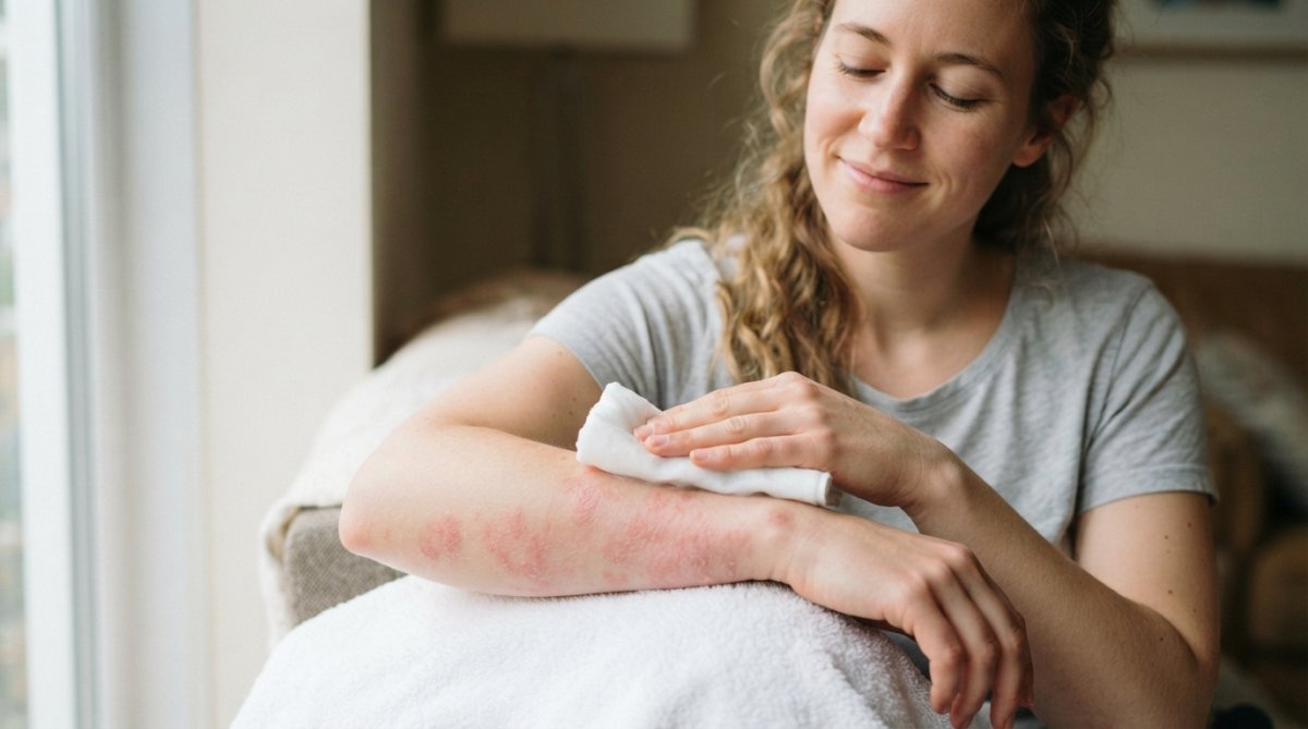 Close-up of hands gently applying a cool, damp compress to irritated, red skin on an arm, showing visible relief and calm on the person's face