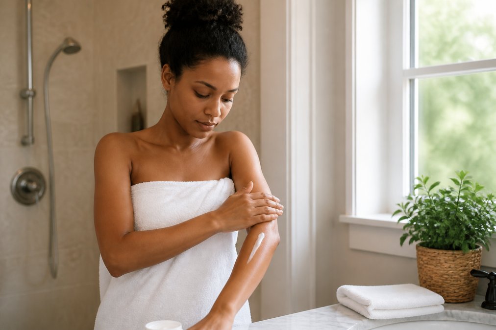 Person applying moisturizer to their forearm after a shower to soothe eczema in a sunlit bathroom.