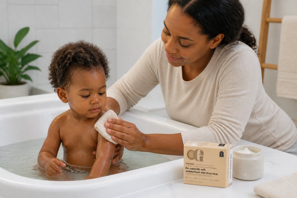 A parent gently bathing a young child in a shallow tub of lukewarm water, using a soft cloth and fragrance-free soap, with a thick moisturizer jar visible on the edge of the tub