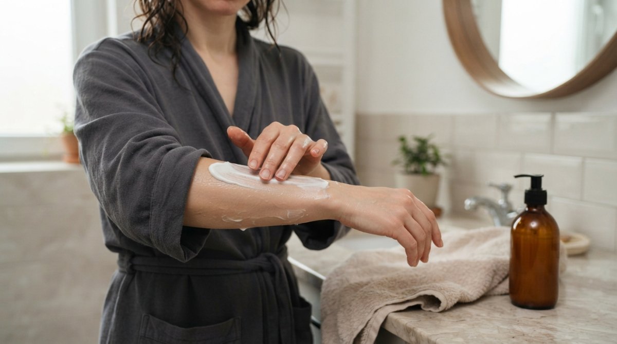 Close-up of a woman's hands applying a thick white ceramide cream to her damp forearm right after a shower, with a soft towel and unbranded pump bottle on a bathroom counter in the background