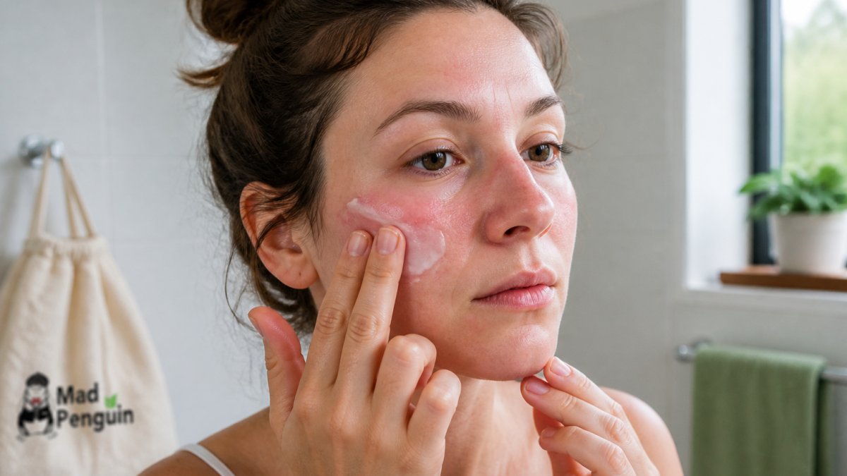 Close-up of someone gently applying a soothing natural moisturizer to calm, reddened facial skin with fingertips, showing the creamy texture and soft application technique in natural light
