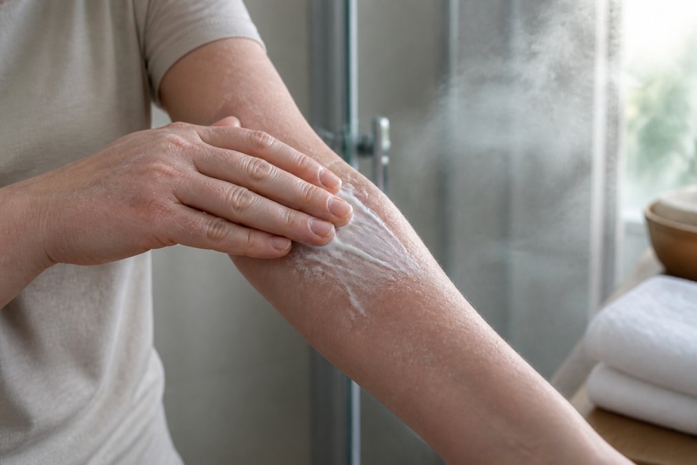 Close-up of hands gently applying a thick white cream to a dry, flaky forearm in a softly lit bathroom, steam rising from a nearby shower