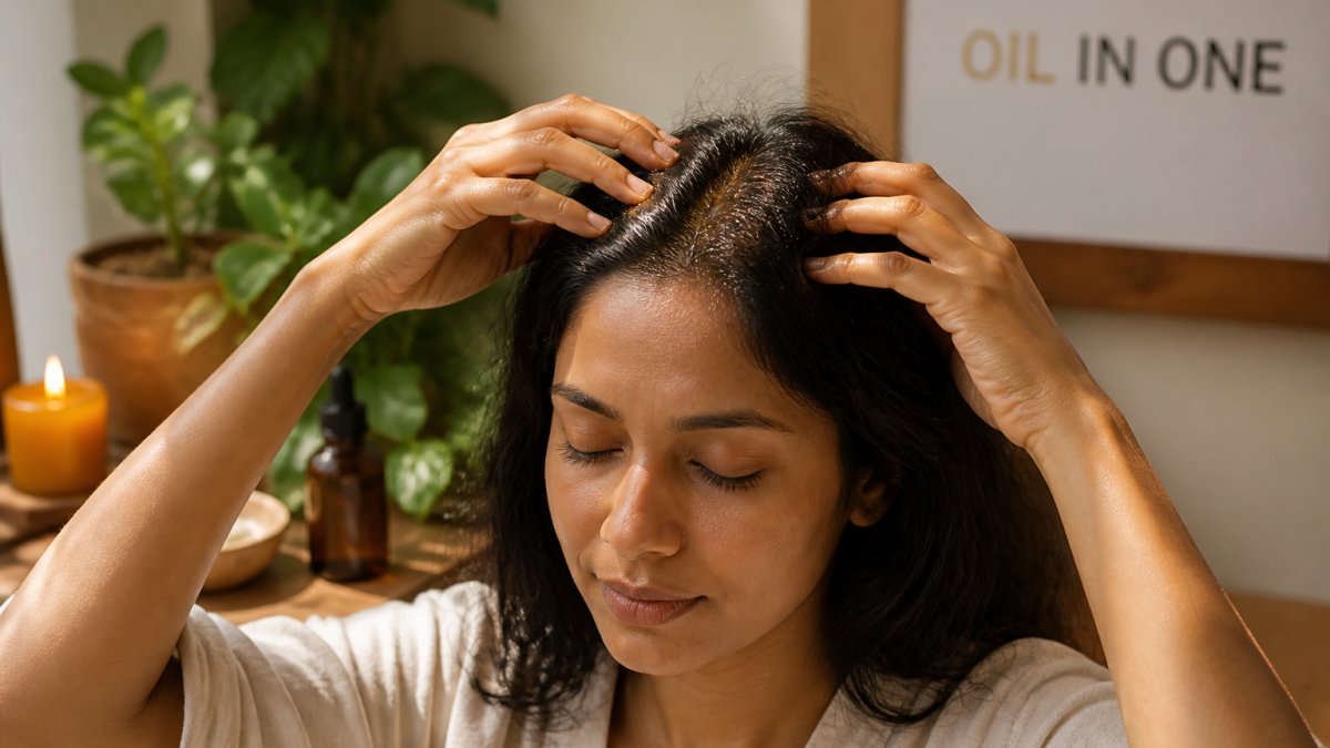 Hands performing a gentle circular massage on a scalp with natural oil to improve circulation