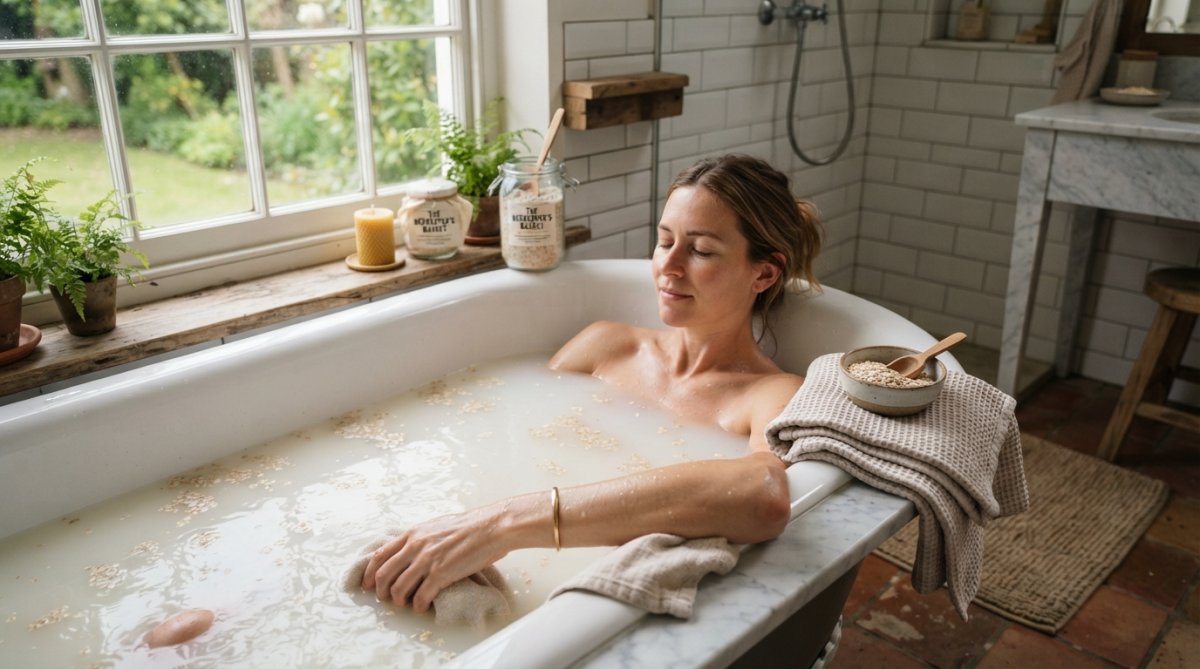 A person relaxing in a bathtub filled with milky colloidal oatmeal water, soft natural light from a nearby window, folded towel and a small bowl of oats on the tub edge, calm and soothing bathroom setting