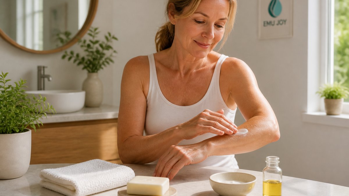 Woman in her fifties applying unscented cream to her forearm in a calm, sunlit bathroom setting.
