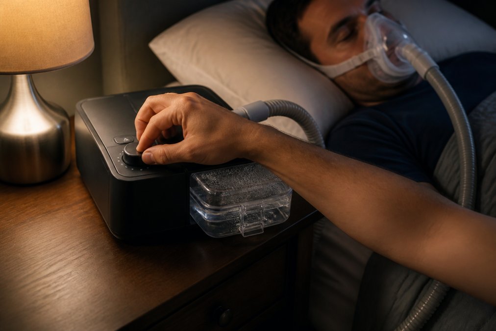 Close-up of hands adjusting the humidity dial on a CPAP machine's heated humidifier chamber in a bedroom setting at night