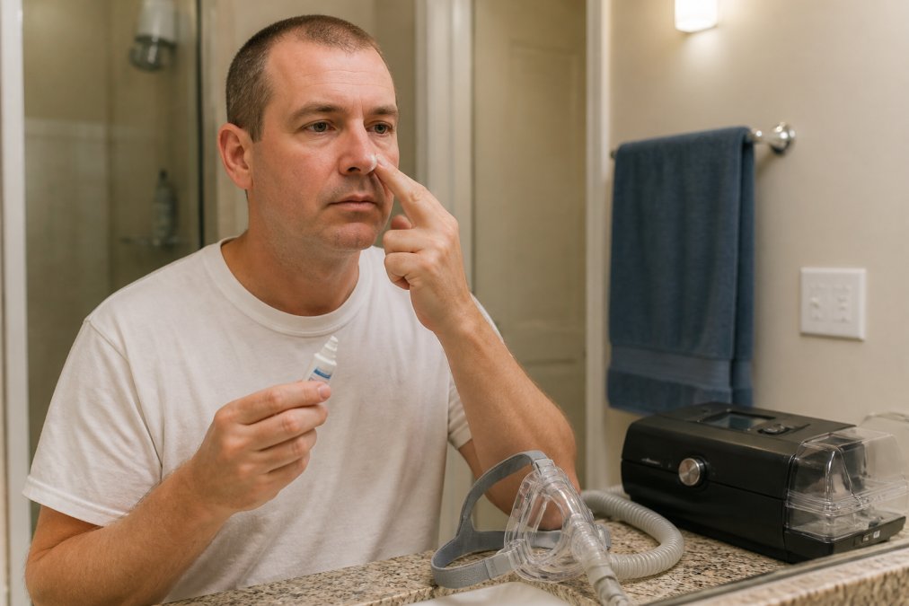 Person applying nasal gel to their nose in a well-lit bathroom with CPAP mask and equipment visible on the counter