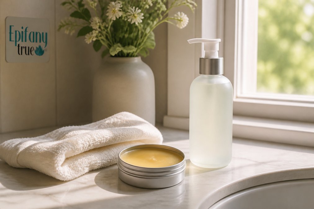A calm, softly lit bathroom counter with a fragrance-free salve tin, a pump bottle of gentle cleanser, and a folded soft cotton towel, warm natural light through a window