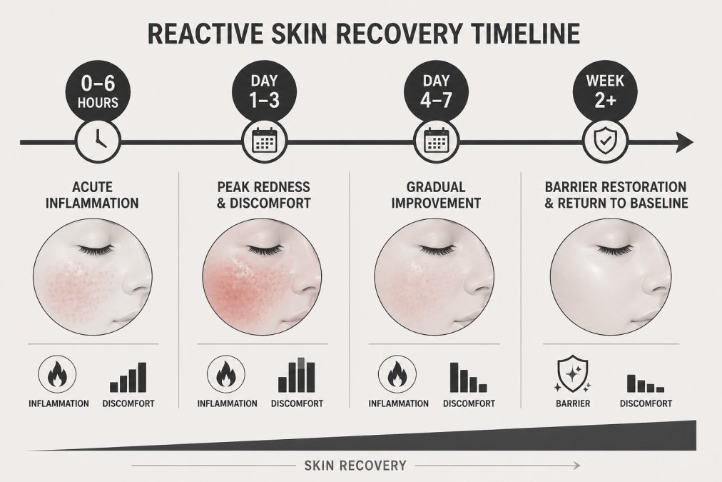 Infographic timeline showing the four phases of reactive skin recovery from initial inflammation to barrier restoration.