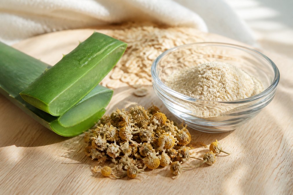 Close-up of natural skincare ingredients including fresh aloe vera leaf, dried chamomile flowers, and finely ground colloidal oatmeal arranged on a light wooden surface with soft window lighting