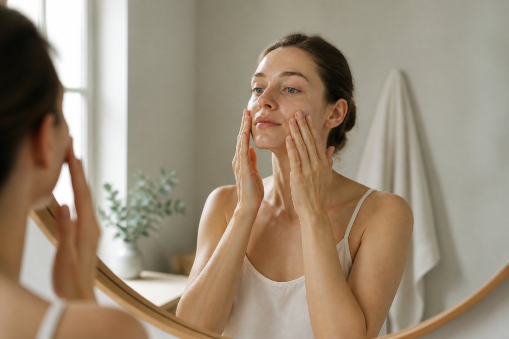 Person gently applying lightweight serum to face with fingertips using deliberate, careful motions in a bright, minimalist bathroom with natural morning light streaming through a window