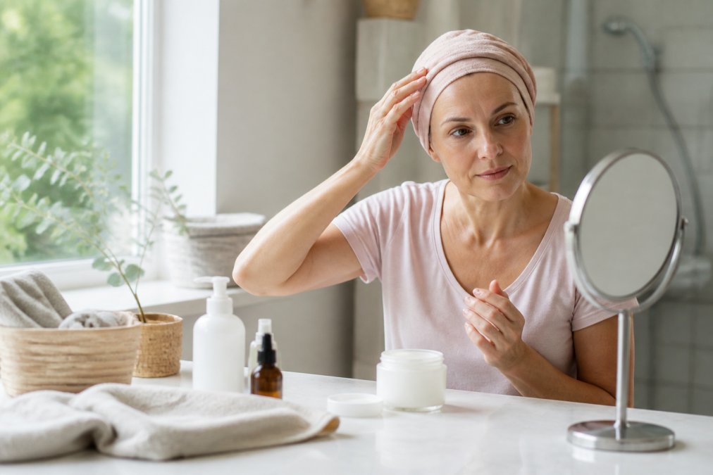 Woman in a soft head wrap gently applying moisturizer to her scalp in a brightly lit bathroom vanity area.