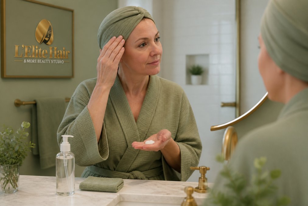 Woman in a soft head wrap applying moisturizer to soothe sensitive scalp during chemotherapy in a bathroom.