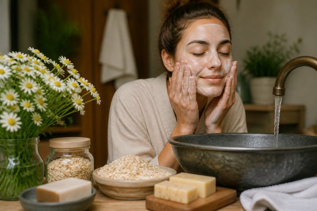 Person gently applying natural soap cleanser to face with lukewarm water, with fresh botanical ingredients like chamomile and oatmeal visible on the counter nearby